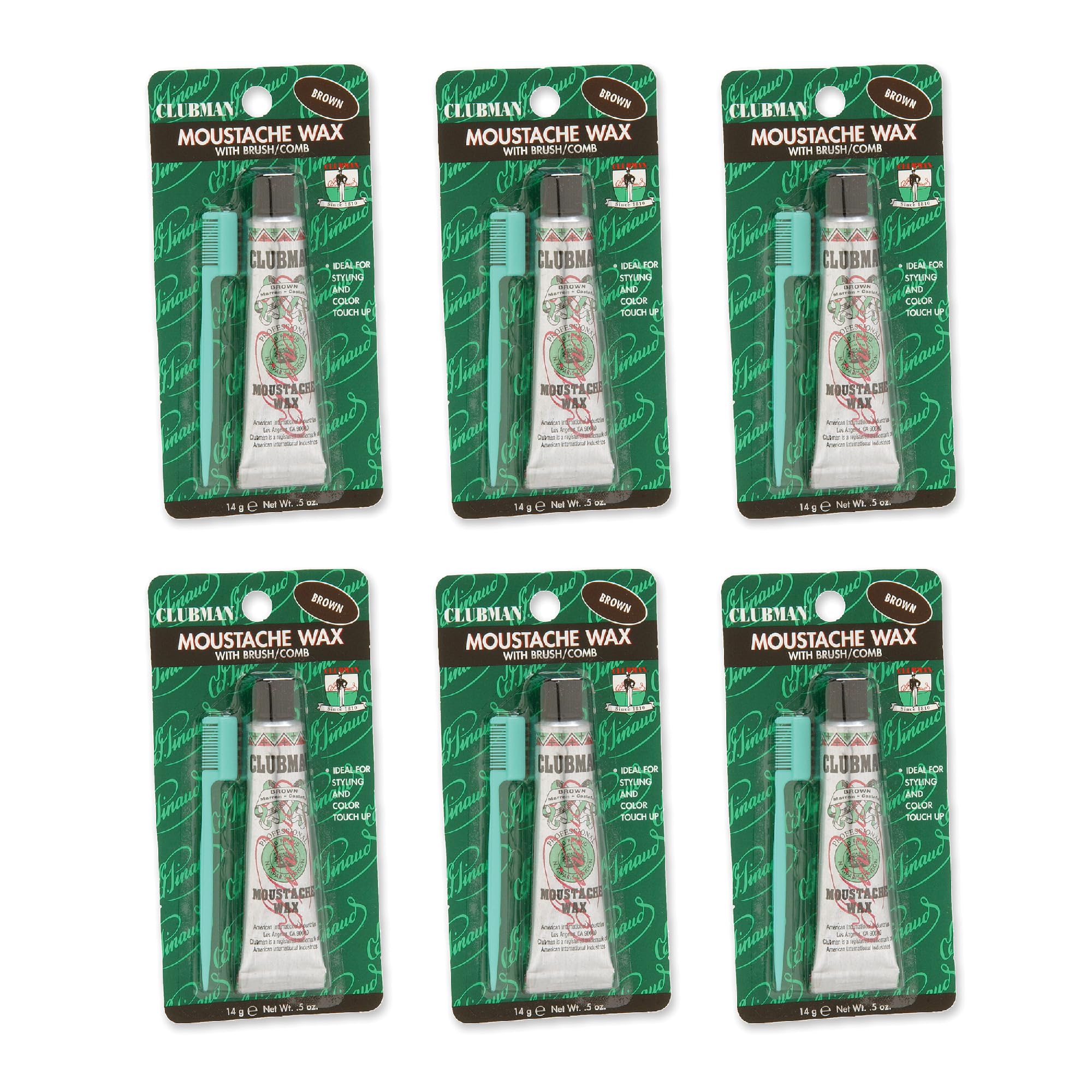 Clubman Pinaud Moustache Wax with Comb Applicator, For Styling & Color Enhancement, Brown, 0.5-Ounce (Pack of 6)