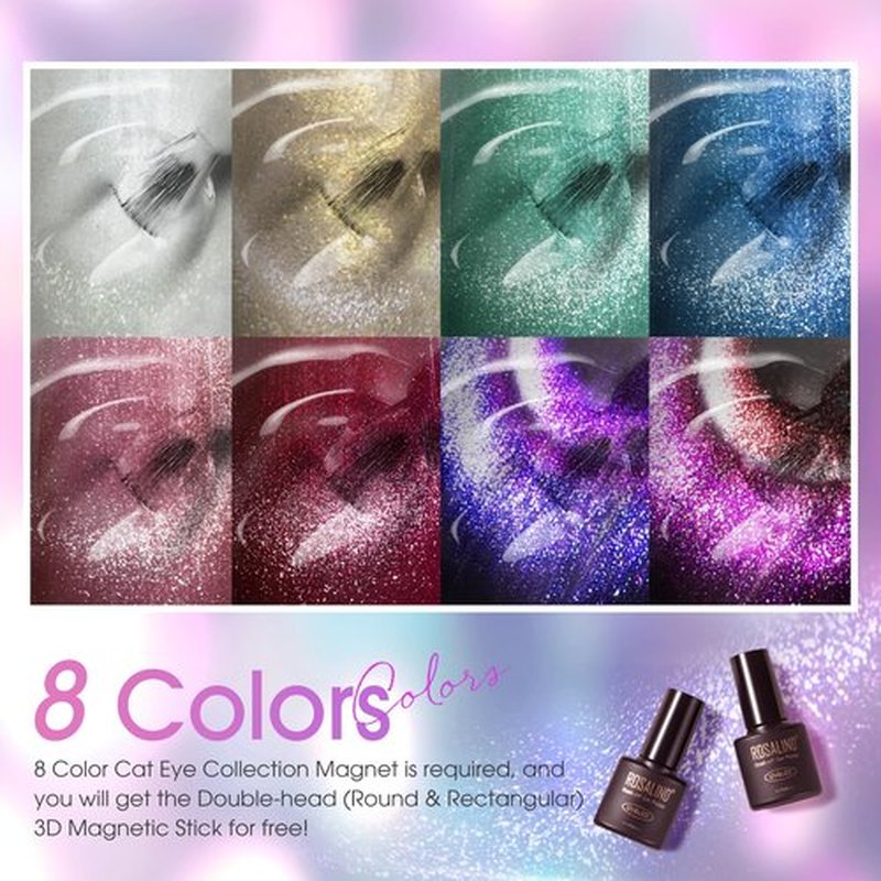 ROSALIND Cateye Gel Polish, 8 Colors Holographic Magnetic Cat Eye Gel Nail Polish Set with Magnet, Red Blue Purple Black Gel Polish Galaxy Collection Nail Art Gift DIY at Home