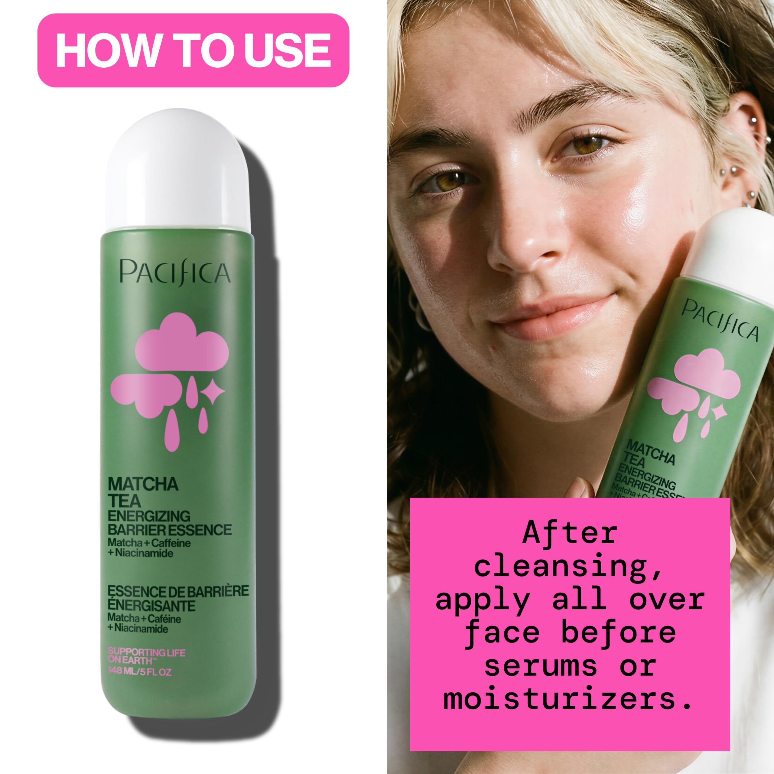 Pacifica Matcha Milk Energizing Barrier Essence, Facial Essence with Matcha Green Tea, Niacinamide and Caffeine, Inulin and Oat Extract, Fast-Absorbing, Vegan and Cruelty-Free