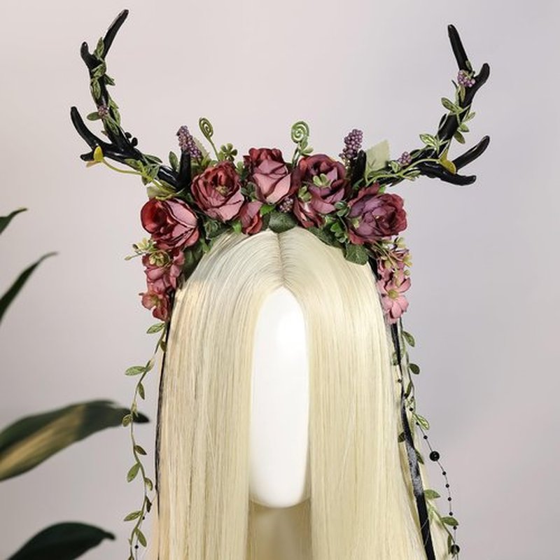 MOSTORY Dark Flower Antler Headband - Floral Black Reindeer Headpiece for Renaissance Accessories Women, Woodland Deer Hairband with Vine for Mother Nature Costume Cosplay Fairy Aesthetic