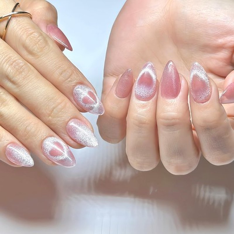 Sunruby Press On Nails Short Almond Cat Eye Jelly Pink|The Heart will Sparkle as You Move.Reusable Soft Gel Nails in 15 Sizes -30 Nail Kit with Glue|Designed in L.A, Handmade in Vietnam| Whisper Heart