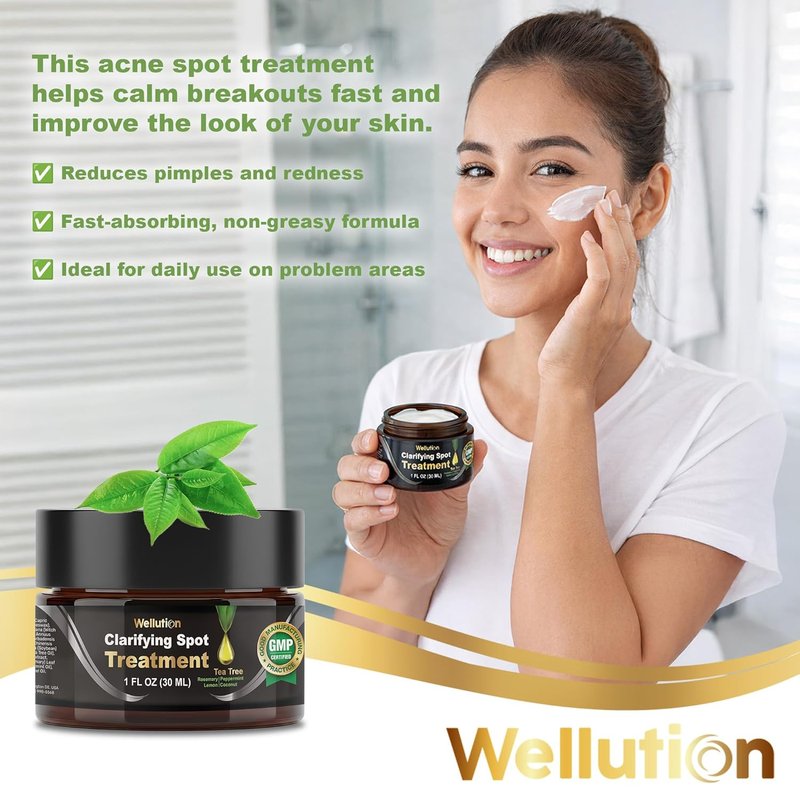 WELLUTION Cystic Acne Spot Treatment - Fast-Acting Tea Tree Acne Cream for Pimples & Blemishes - 1oz