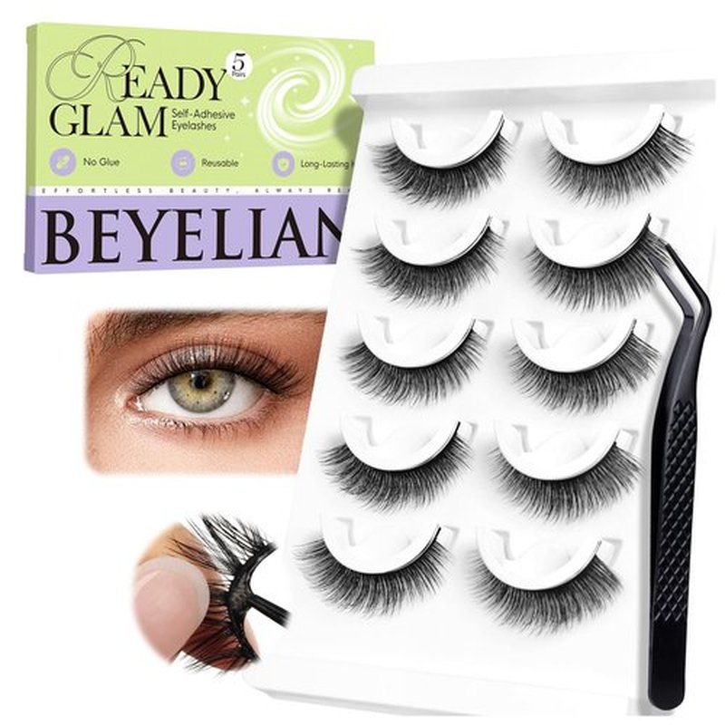 BEYELIAN Self Adhesive Eyelashes Natural Look Pre-glued Lashes No Glue Needed Lashes Cat Eye Lashes Press On Eyelashes Reusable Self Adhesive Lashes 5 Pairs (HX58)