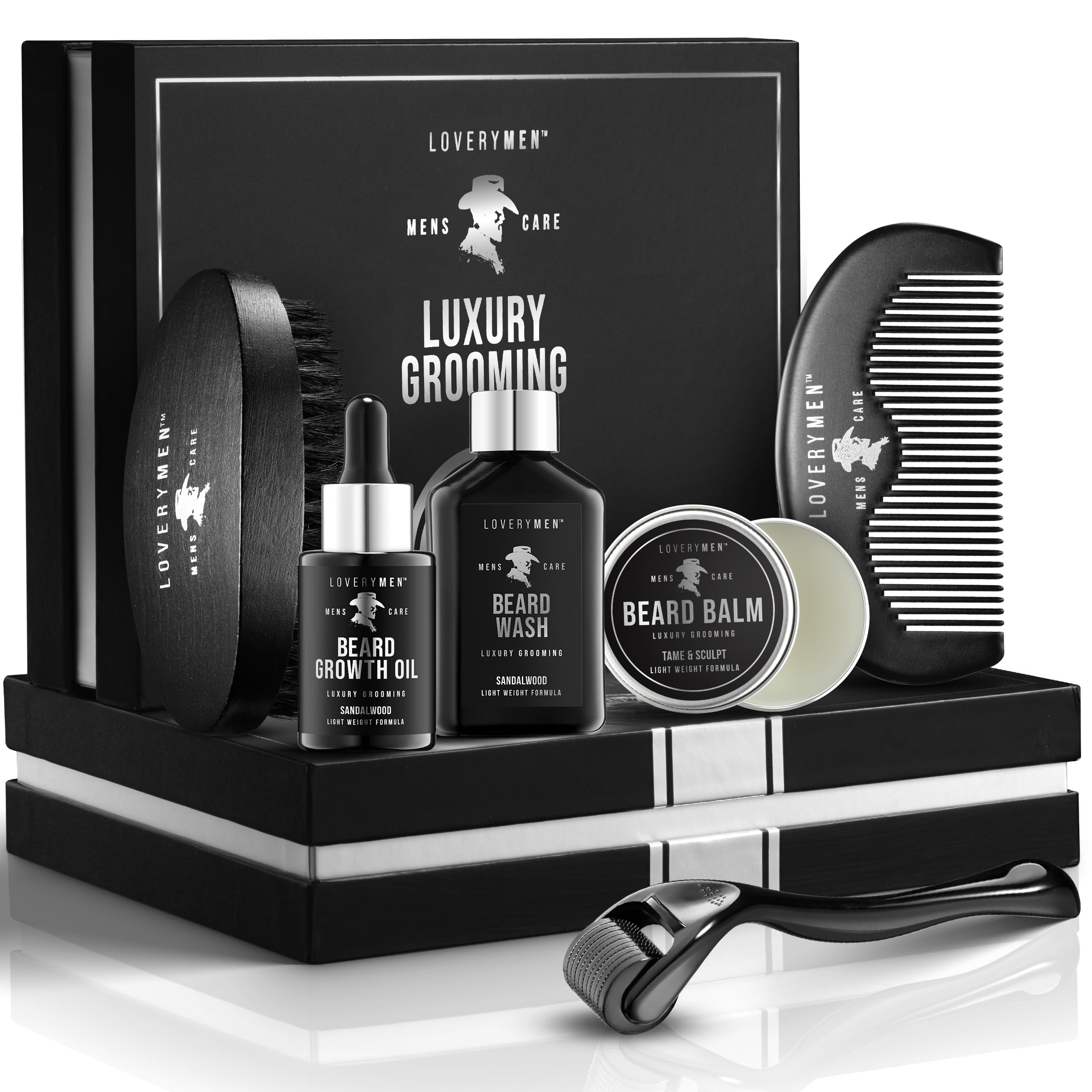 LOVERY Gifts for Him - Beard Grooming Kit - Includes Beard Oil, Beard Balm, Beard Wash, Comb, Brush & more– Mens Gifts for Him, Boyfriend, Husband, Dad - Sandalwood Beard Kit
