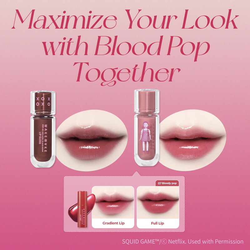 WAKEMAKE x NETFLIX SQUID GAME Dewy Gel Maxi Gloss 15 Solid Blood Set (+Watery Tok Tint Mini 7 Bloody Pop), lips, korean lip