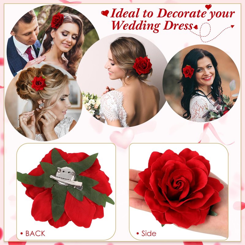 Waydress 30 Packs 2.8 Inch 4 Inch Flower Hair Clip Rose Hair Accessories Floral Hairpin Brooch Flowers Pin Brooch for Bridal Headpiece Accessories Wedding(Red)