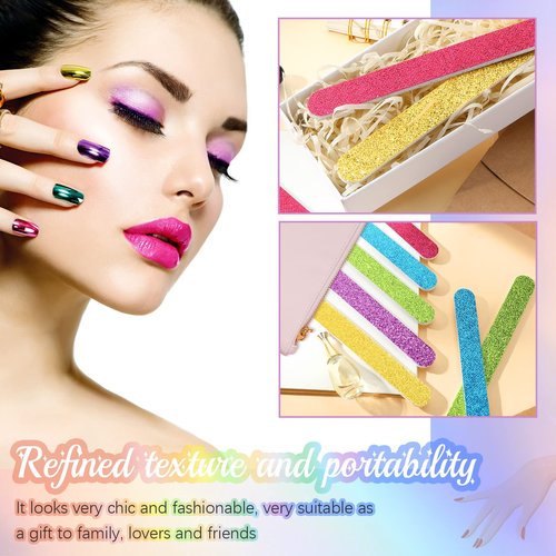 Mixweer 50 Pieces Glitter Nail File Colorful Strips Nail Bulk, 7.01 x 0.75 Inch Manicure and Pedicure Toenails Buffers, Double Sided Filer for Women Shaping Smoothing Toenails and Fingernails