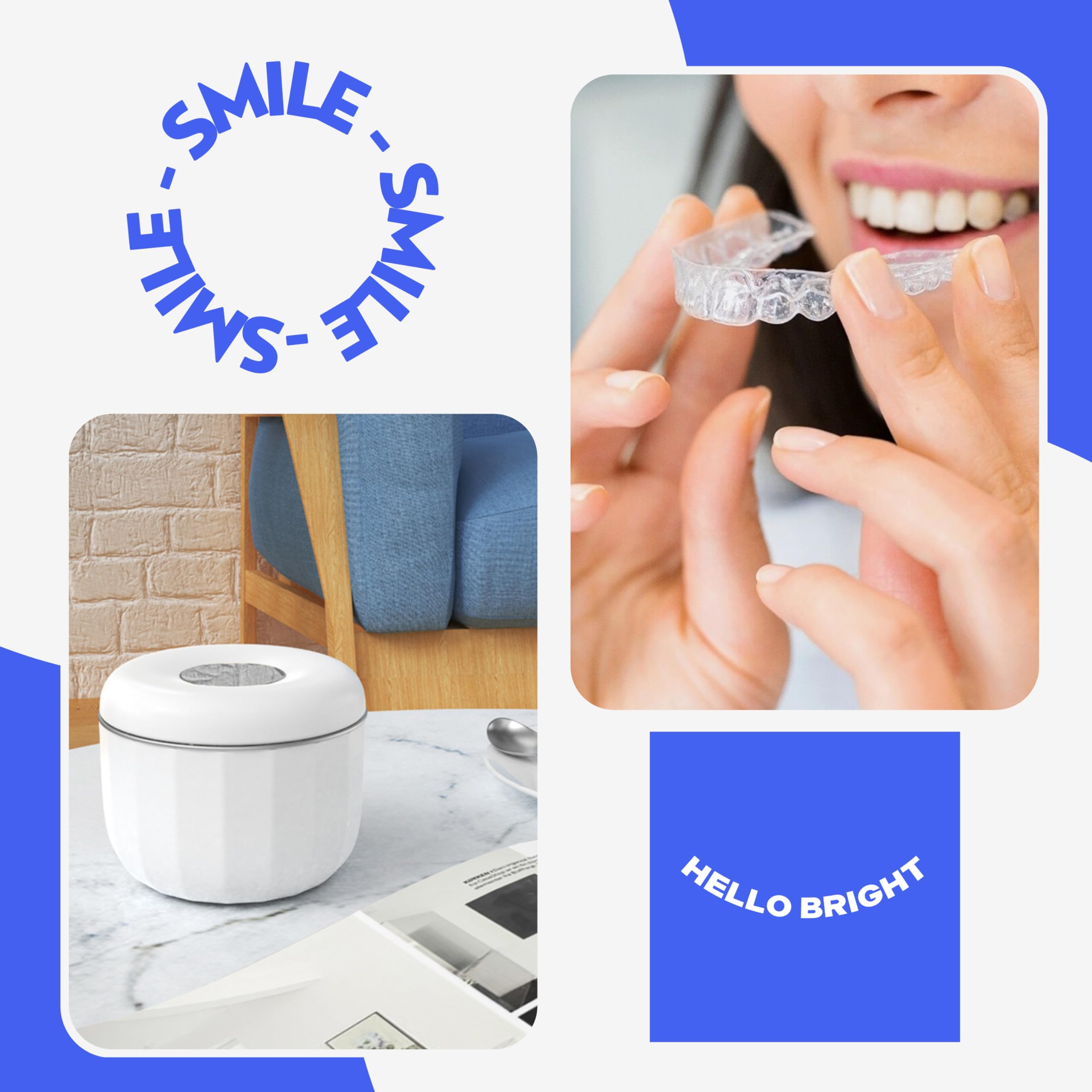 Hello Bright - Ultrasonic Retainer Cleaner Machine for Invisalign, Aligner, Night Guard, Denture, Whitening Tray, Mouth Guard and Toothbrush Head - Dental UV Ultrasonic Cleaner Pod [no UV Light]