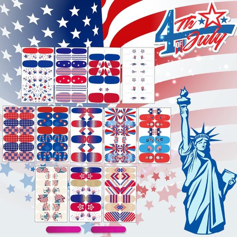 12 Sheets 4th of July Nail Wraps Stickers, Independence Day Full Nail Polish Strips, Memorial Day DIY Self-Adhesive Nail Art Decals Patriotic American Flag Pattern Decor with 2 Piece Nail Files