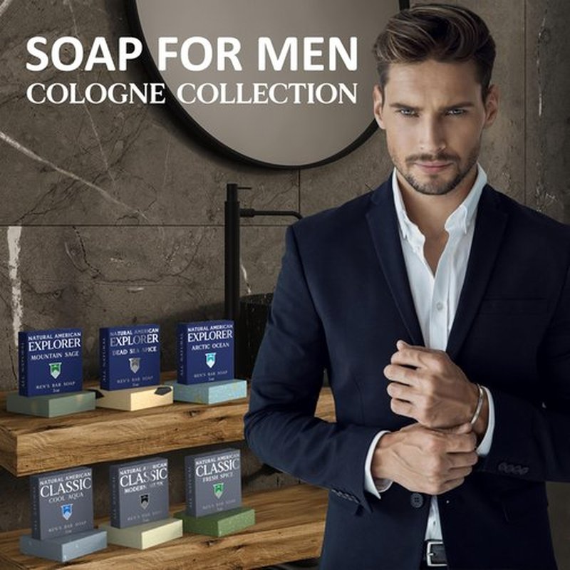 NATURAL AMERICAN Men’s Bar Soap – Mens Cologne Scents, 100% All Natural, Essential Oils, Organic Shea Butter, No Harmful Chemicals – (6pk) Soap for a Man - USA Handmade – 5 oz