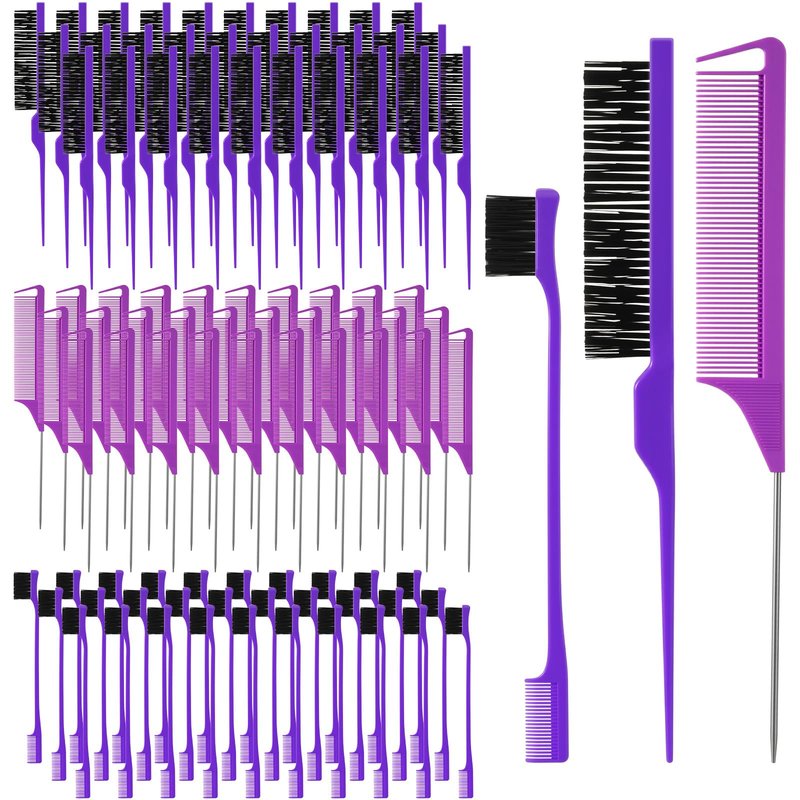 Youyole 90 pcs Hair Styling Set:30 Teasing Brushes, 30 Rat Tail Combs, 30 Edge Brushes for Women, Babies, and Kids(Purple)
