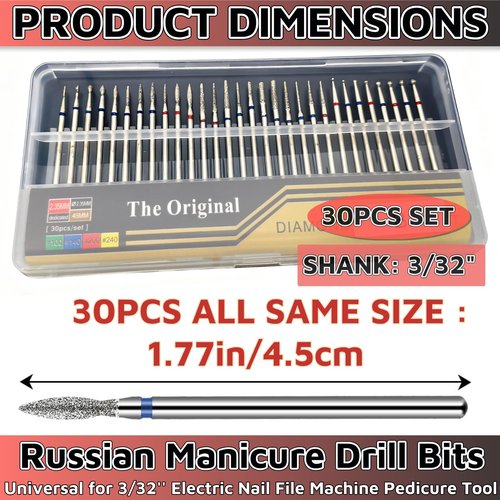 Russian Manicure Drill Bits 30PCS，Electric Nail Drill Bits Nail Drill Bit Set，Cuticle Bit for Nail Drill，Cuticle Drill Bits for Nails Universal for 3/32'' Electric Nail File Machine Pedicure Tool