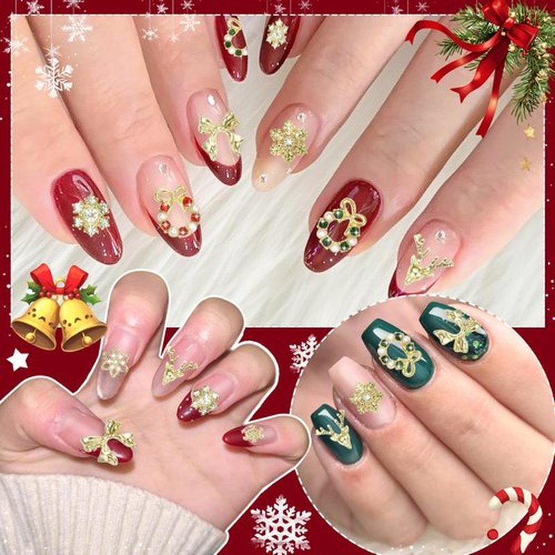 54 Pcs Gold Christmas Nail Charms, 3D Alloy Snowflake Nail Charms Rhinestones, Cute Christmas Elk Bow Nails Charm for Xmas DIY Nails Supplies