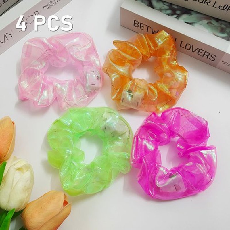 4 Pcs Light Up Mermaid Scrunchies, LED Hair Scrunchy for Girl & Women, Multi Glow, Glow in the Dark Accessories for Rave Neon Slumber Party(Light pink, Green, Magenta, Orange)