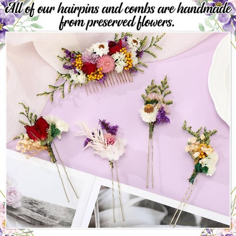 Suncalla 5 Pcs Purple Dried Flower Hair Pins and Comb for Wedding with Baby Breath Roses Hydrangeas for Women Girls Bride Bridesmaid Bachelorette Party Bridal Shower(Fresh)