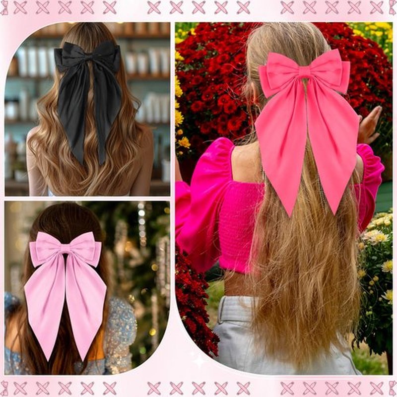 Hoteam 12 Pcs Silky Satin Oversized Hair Bows Bulk Big Hair Bows for Women Valentines Long Tail Large Bowknot Barrettes Galentines Barrettes Clips Ribbon Bow Accessories Gifts(Fresh)