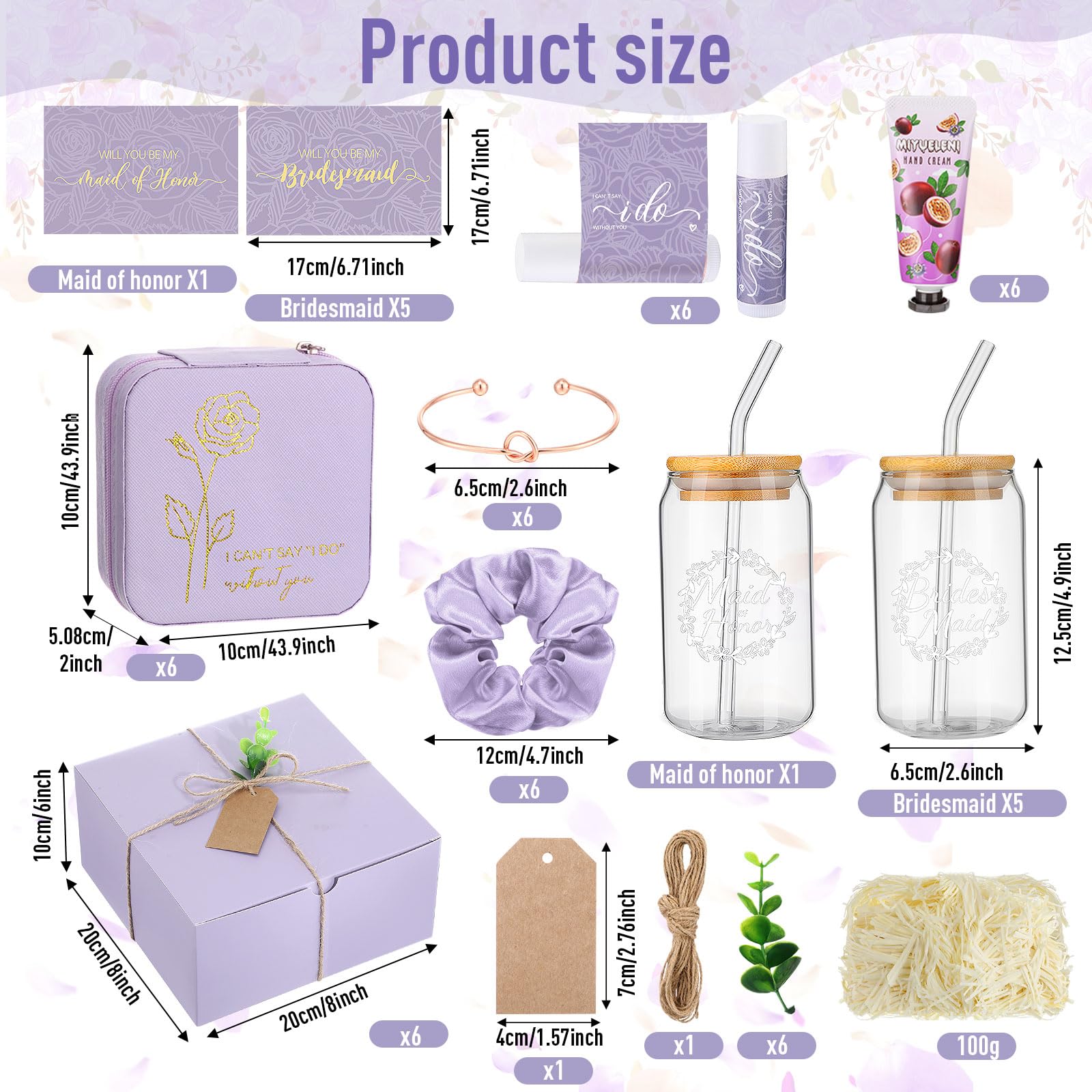 Teenyyou 60 Pcs Bridesmaid Proposal Gifts Bridesmaid Box Set Maid of Honor Gift Wedding Bridal Shower Include Jewelry Box Glass Cup Scrunchies Hair Knotted Bracelets Hand Cream Lip Balm Cards(Purple)
