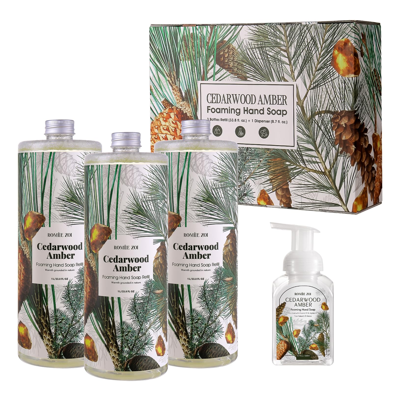 ROMIIE ZOI Foaming Hand Soap Refill Gift Set, Cedarwood, 33.8 Fl Oz x 3