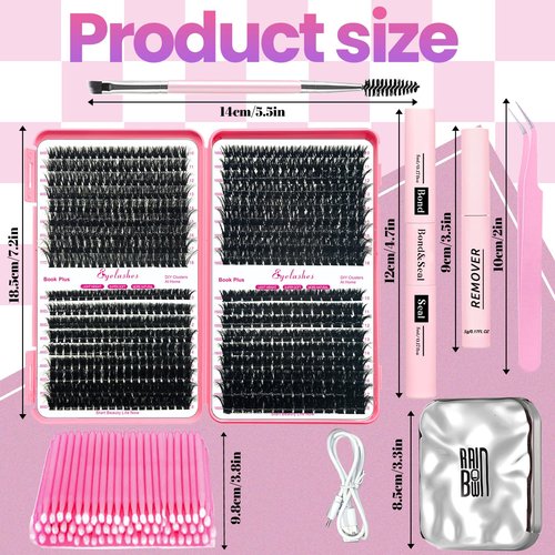 Qiveaory DIY Lash Clusters Kit with 630pcs Lashes Clusters,1X/2X Magnification Compact Mirror with Light,Lash Bond and Seal,Eyelash Remover Tweezers Applicator Mascara Brush(60-80-100-150D)