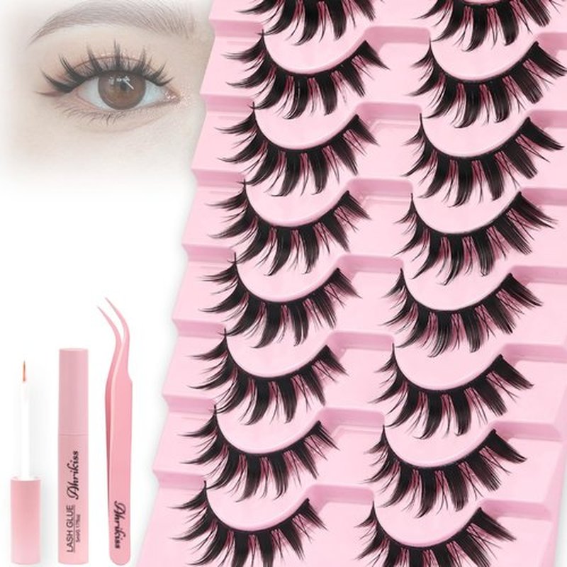 Ahrikiss Lashes Spiky Manga Lashes Anime False Eyelashes 8 Pairs Faux Mink Lashes Kit with Lash Glue and Lash Tweezers Cosplay Thick Fake Eyelashes Soft Wispy Strip Lashes (Doll Kit)