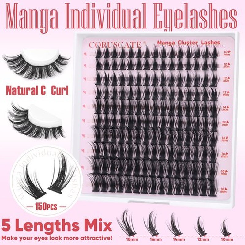 CORUSCATE Manga Lash Clusters Wispy Eyelash Clusters Fairy Anime Lashes Clusters Individual Natural Cluster Eyelash Extensions Asian Style C Curl Manhua Style 10-18mm DIY Wet Look Lash Extension