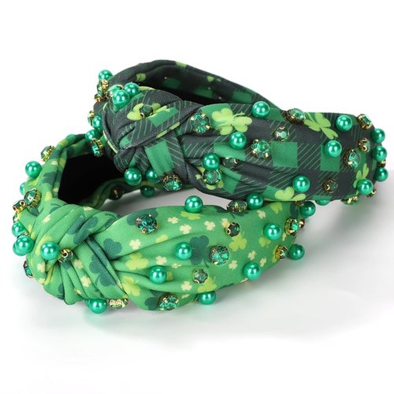 2 Pack St. Patrick's Day Headband for Women Clover Print Pearl Rhinestone Crystal Jeweled Embellished Ladies Wide Top Knot Green Grid Makeup Hair Hoop Accessory Holiday Party Costume Decor Prezzie