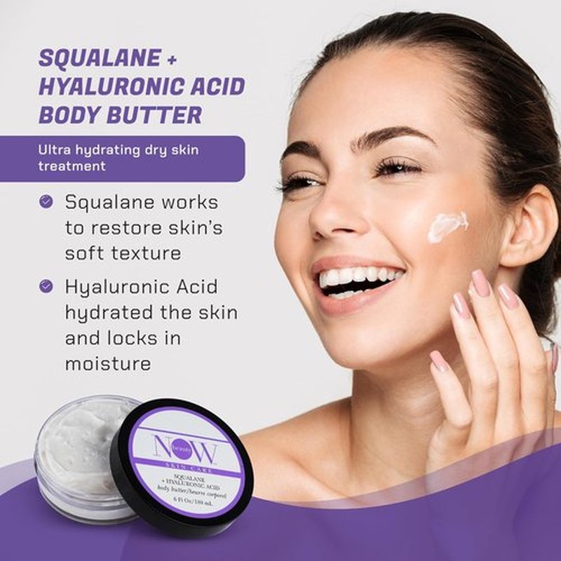 NOW Beauty Squalane Body Butter - Hydrating Lotion with Coconut Oil & Shea Butter - 6 oz Moisturizing Cream for Dry Skin