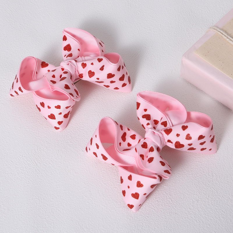 Valentines Pink Hair Bows Gift for Girls Women 2Pcs 4.3in Cute Handmade Glittery Red Love Heart Ribbon Alligator Clips, Her Wedding Birthday Party Dress Decoration Accessories