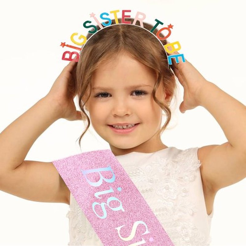 Exacoo Big Sister to Be Set Baby Shower Glitter Pink Sash Multicolor Headband Promoted to Be New Big Sis Announcement Gifts for Daughter Older Siblings of New Baby Party Supplies Accessories