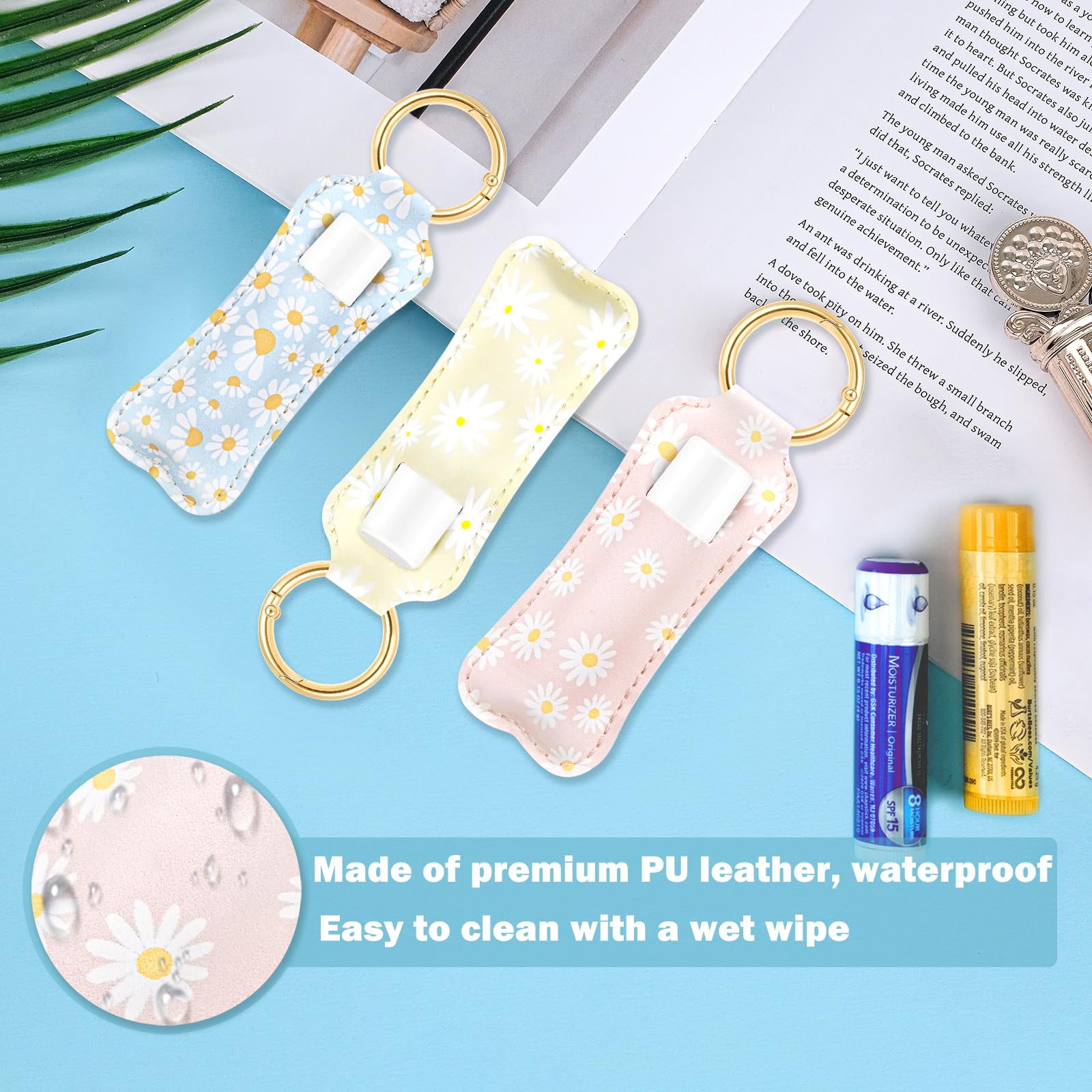 WK IEASON Lip Balm Holder Keychain Clip On PU Leather Lipstick Sleeve Pouch Lip Gloss Holder Lip Balm Sleeve Holder Keychain 3PCS（Floral Set A）