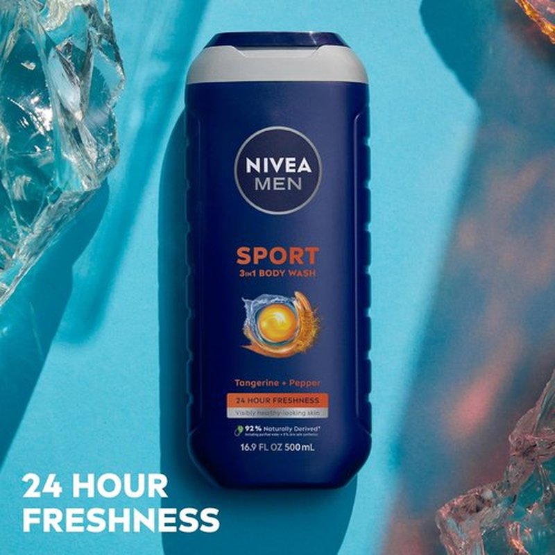 NIVEA Men Sport Body Wash - Revitalizing Minerals & Tangerine-Pepper Scent | 3-in-1 Paraben-Free Formula, 16.9 Fl Oz