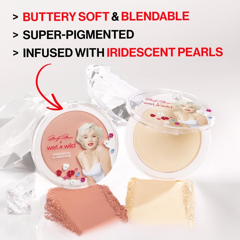 wet n wild Marilyn Monroe Icon Highlighter, Ultra-Reflective Luminous Powder, Buildable Glow with Iridescent Pearls, Includes Sponge, Cruelty-Free – Peachy Pink
