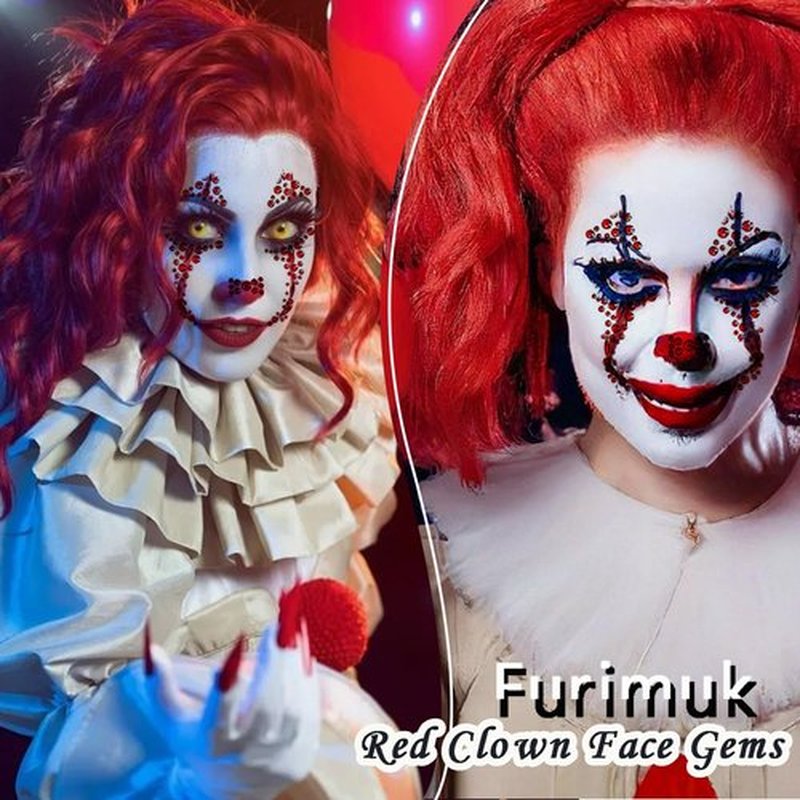 2 Pack Red Face Gems Jewels Tattoos for Halloween,Day of the Dead Skull Rhinestone Temporary Face Tattoo Stickers for Women Men Cosplay Makeup Outfit Blue Clown