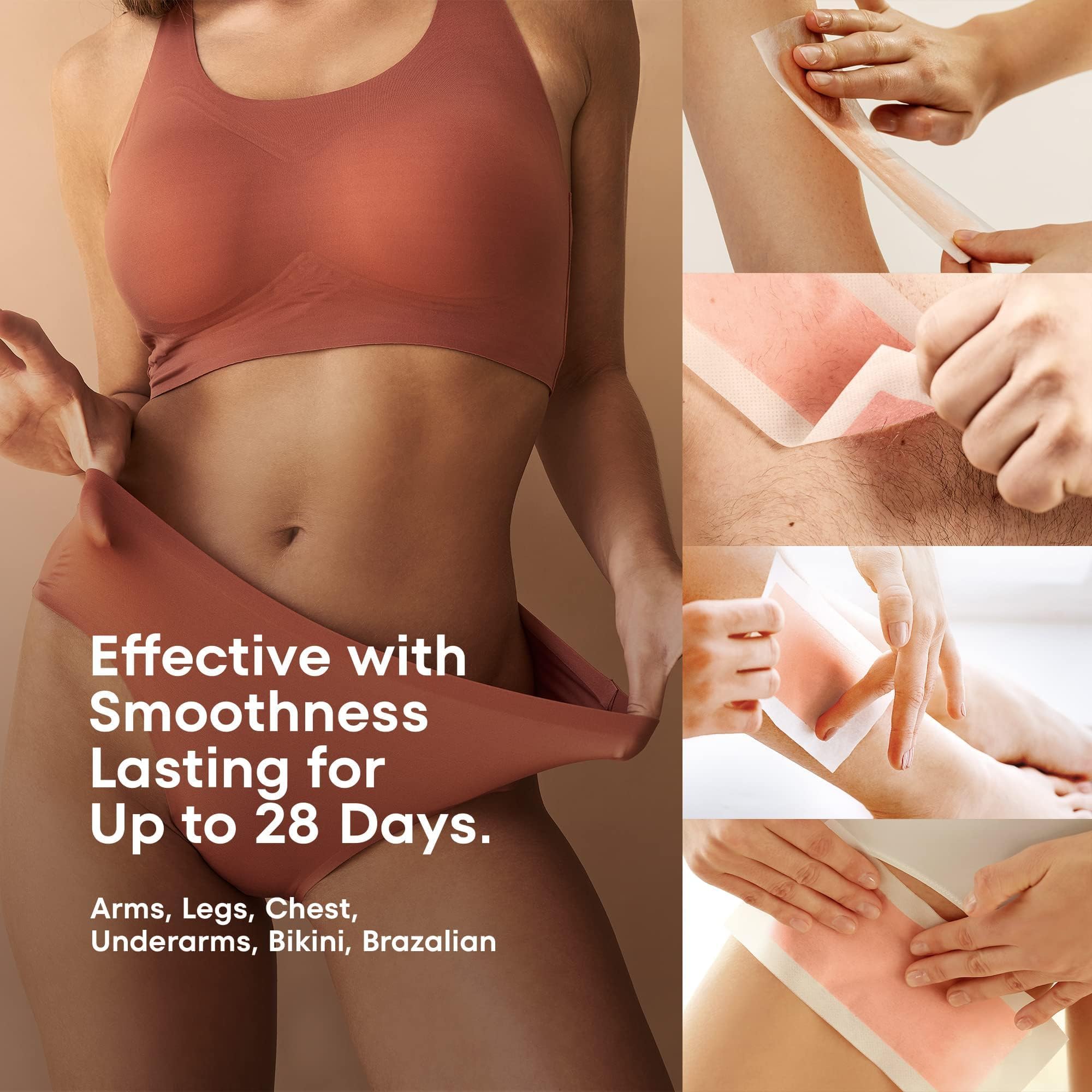 Wax Strips Hair Removal for Women: Natural Home & Travel Brazilian Body Waxing Strip for Bikini Armpit Leg - Vegan & Sensitive Skin Friendly, 40 Ct With Wipes