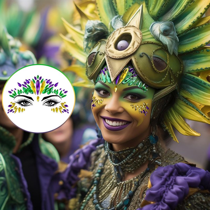 Wehhbtye 4 Set Mardi Gras Face Jewels Stickers, Self-Adhesive Mardi Gras Eye Gems Sticker, Glitter Face Crystals Decoration for Women Party Costume Cosplay Makeup Dress-up Decor