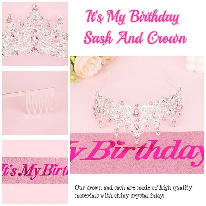 CURASA Birthday Sash and Crown for Women Pink Birthday Crown Tiara Adult Women Princess Crown Pink Decoration Party Favors Gifts