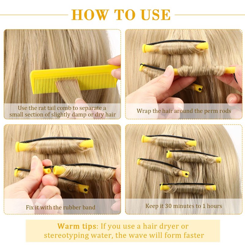 WILLBOND Hair Perm Rods - 96 Pcs Plastic Cold Wave Curlers with 2 Steel Pintail Combs | 0.28 Inch, Yellow