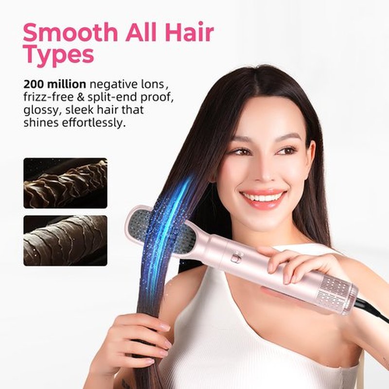 Atopskins 6 in 1 Hair Dryer Brush Hot Air Styler Detachable for Travel, Blow Dryer 3 Heat Settings to Straighten, Auto Curl, Volumize Home Salon Results Frizz-Free Shine All Hair Types (Pink-A)