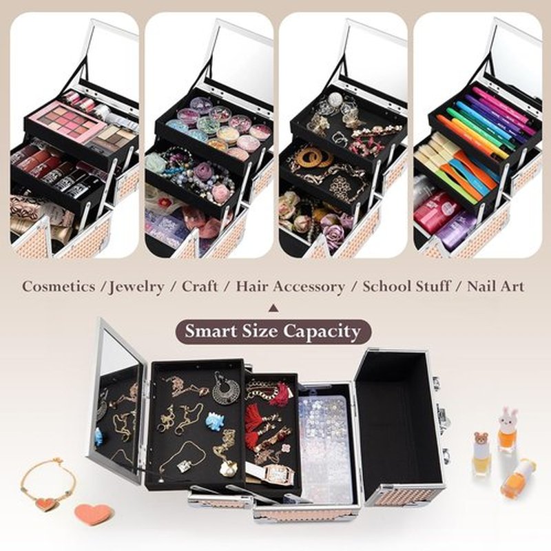 FRENESSA Makeup Case - Portable Train Case with Mirror & Lock | Rose Gold Cosmetic Organizer for Travel