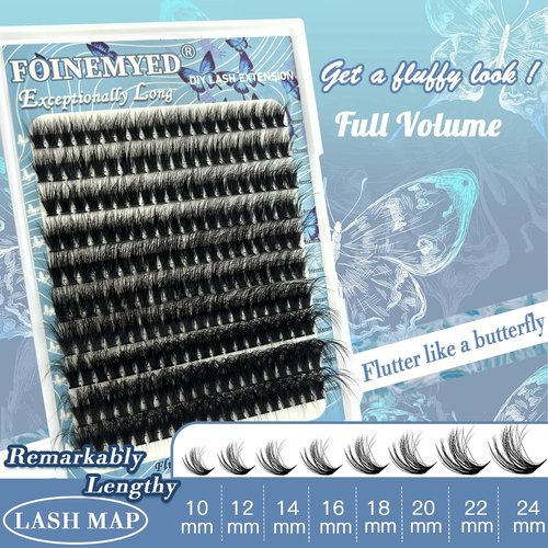 Lash Clusters 10-24mm Extra Long Thick 200D Cluster Eyelash Extensions 200pcs Volume D Curly Wispy Individual Lashes Plant Fibers False Eyelashes DIY Lash Extension for Beginners, by FOINEMYED