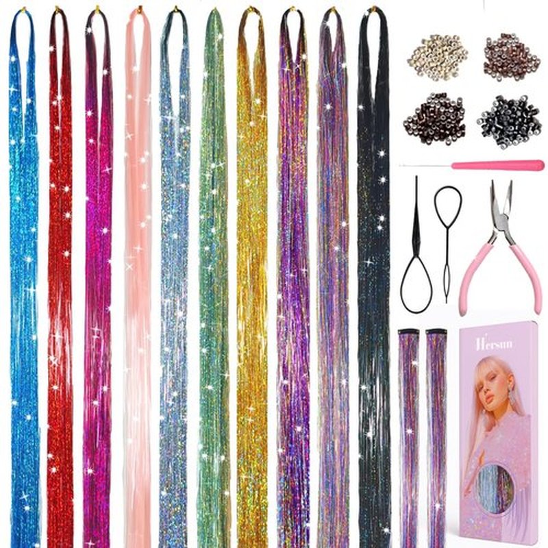 Hersun Hair Tinsel 10 Colors 3200 Strands 48in with Tools Fairy Tinsel Hair Extensions Kit Heat Heat Resistant Fairy Hair For Party For Girls & Women