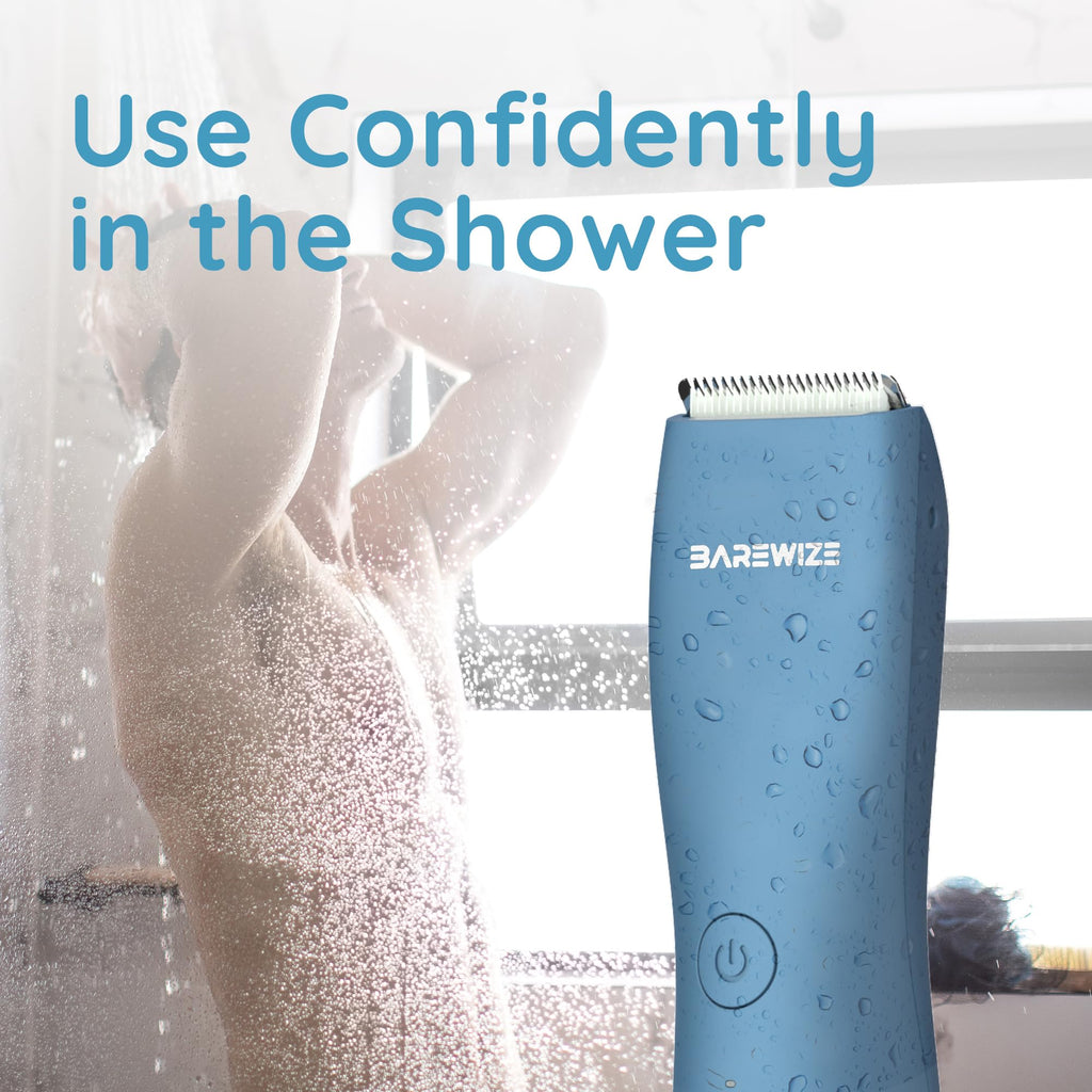BAREWIZE Body Hair & Pubic Hair Trimmer for Men & Women, Painless Electric Body & Bikini Shaver | Waterproof, Type-C Rechargeable, LED Light, Replaceable Blade, Manscape Personal Groomer (Azure)
