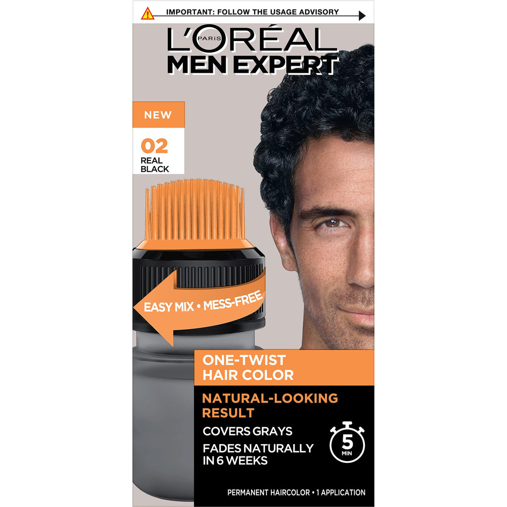 L’Oreal Paris Men Expert One Twist Mess Free Permanent Hair Color, Mens Hair Dye to Cover Grays, Easy Mix Ammonia Free Application, Real Black 02, 1 Application Kit