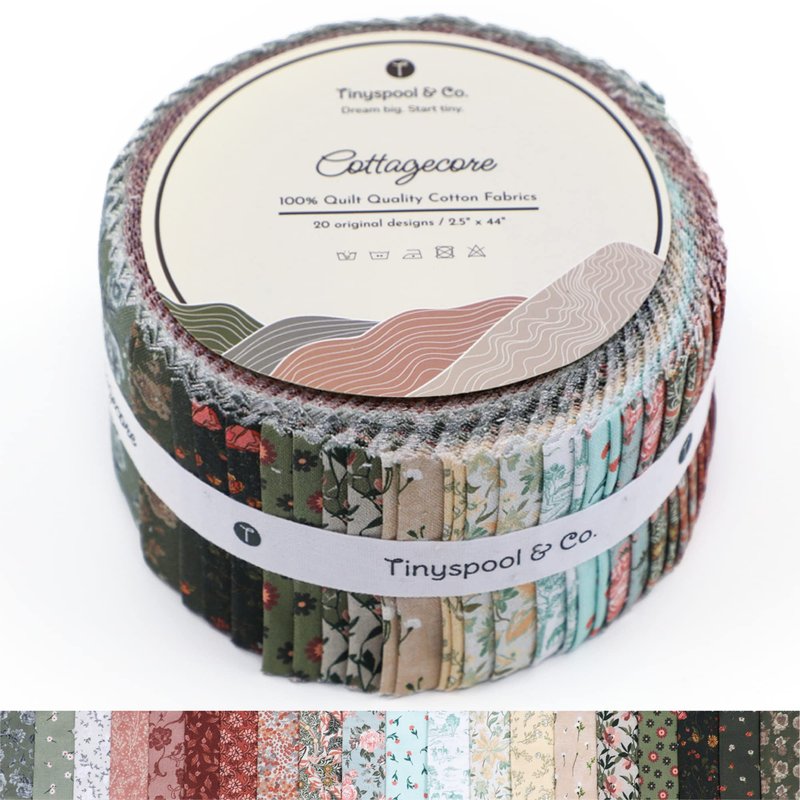 Tinyspool & Co.'s Twirlie Roll 40 Precut Quilting Fabric Strips for Quilting Supplies, Crafting, and Sewing, Soft Cotton Strip for Blanket, Rug, Upholstery, Home Decor, and Purse Making, Cottagecore