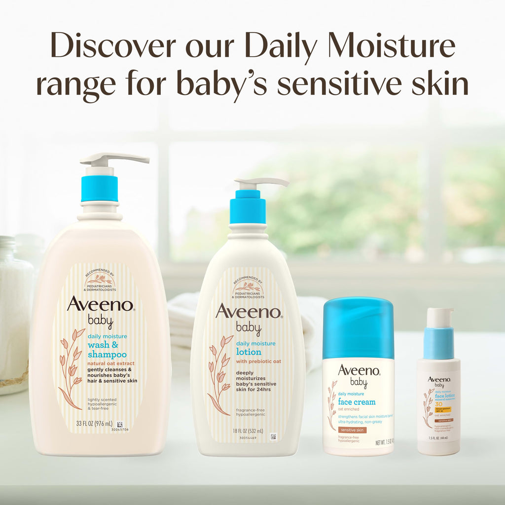 Aveeno Baby Daily Moisture Gentle Baby Body Wash and Shampoo with Oat Extract, 2-in-1 Baby Wash & Hair Shampoo, Tear-Free, pH Balanced for Sensitive Skin & Hair, Lightly Scented, Value Size 33 Fl Oz