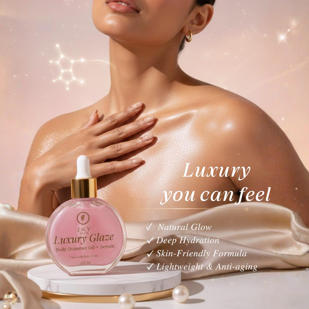 Sky Bliss Luxury Glaze Body Shimmer Oil + Serum – Pink-Gold Pearlescent Glow Oil with Jojoba & Argan Oil, Vitamin C & E – Glossy Dewy Finish for Radiant Skin – Dropper Applicator – 2 fl oz