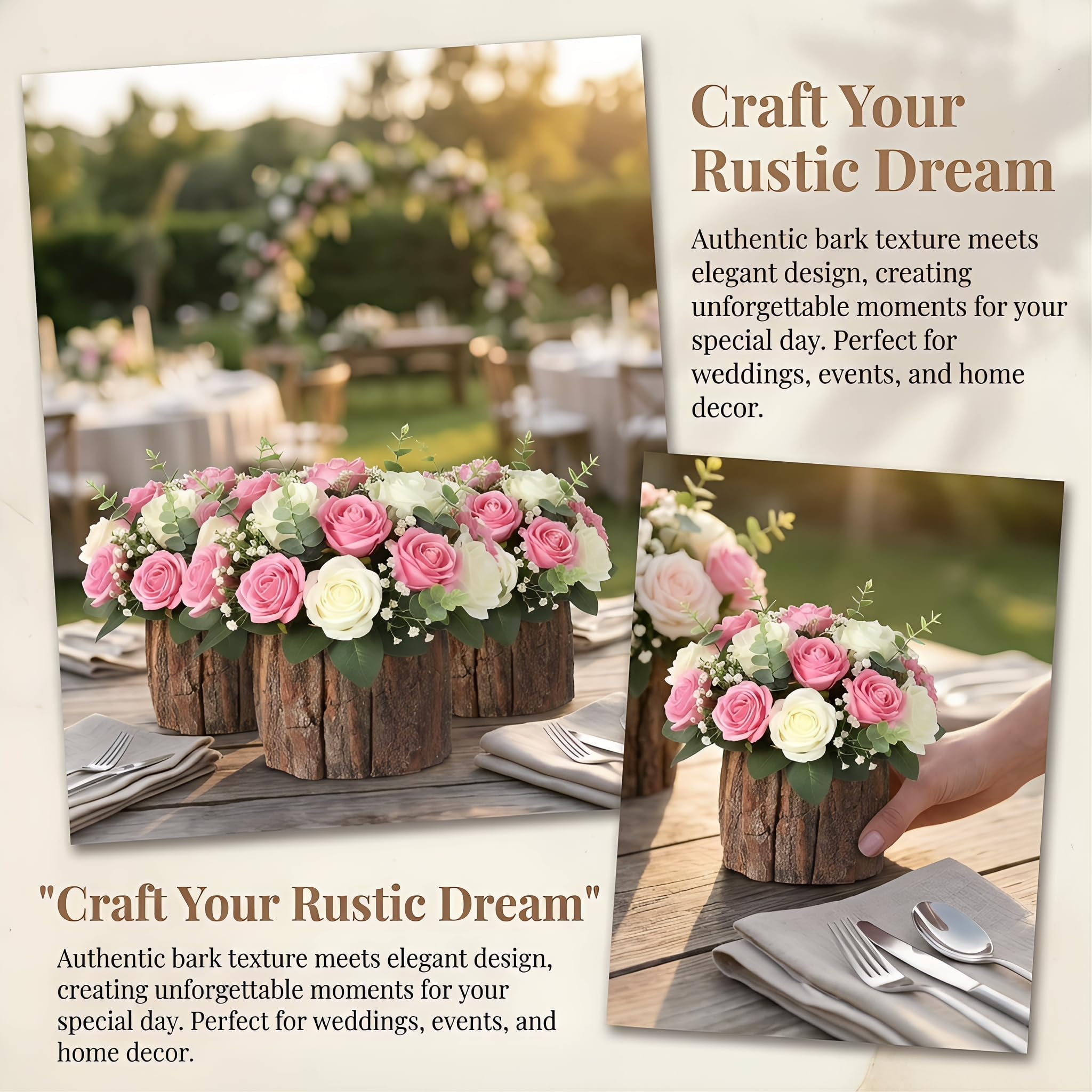 Housoutil Wooden Vase for Centerpieces, 3 Pack Wood Flower Vase Rustic Tree Stump Planter Pots, Wooden Bark Flower Bucket for Wedding, Farmhouse Christmas Table Decor, Round Bark Stump Pots