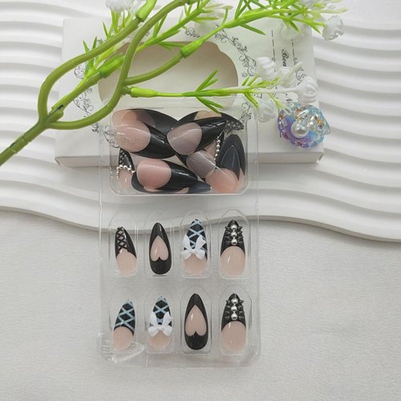 Almond Press on Nails Medium Fake Nails with Bow Heart Pearl Designs Black French Tip Nails Press ons Glossy Glue on Nails Cute Acrylic Nails for Women 24Pcs