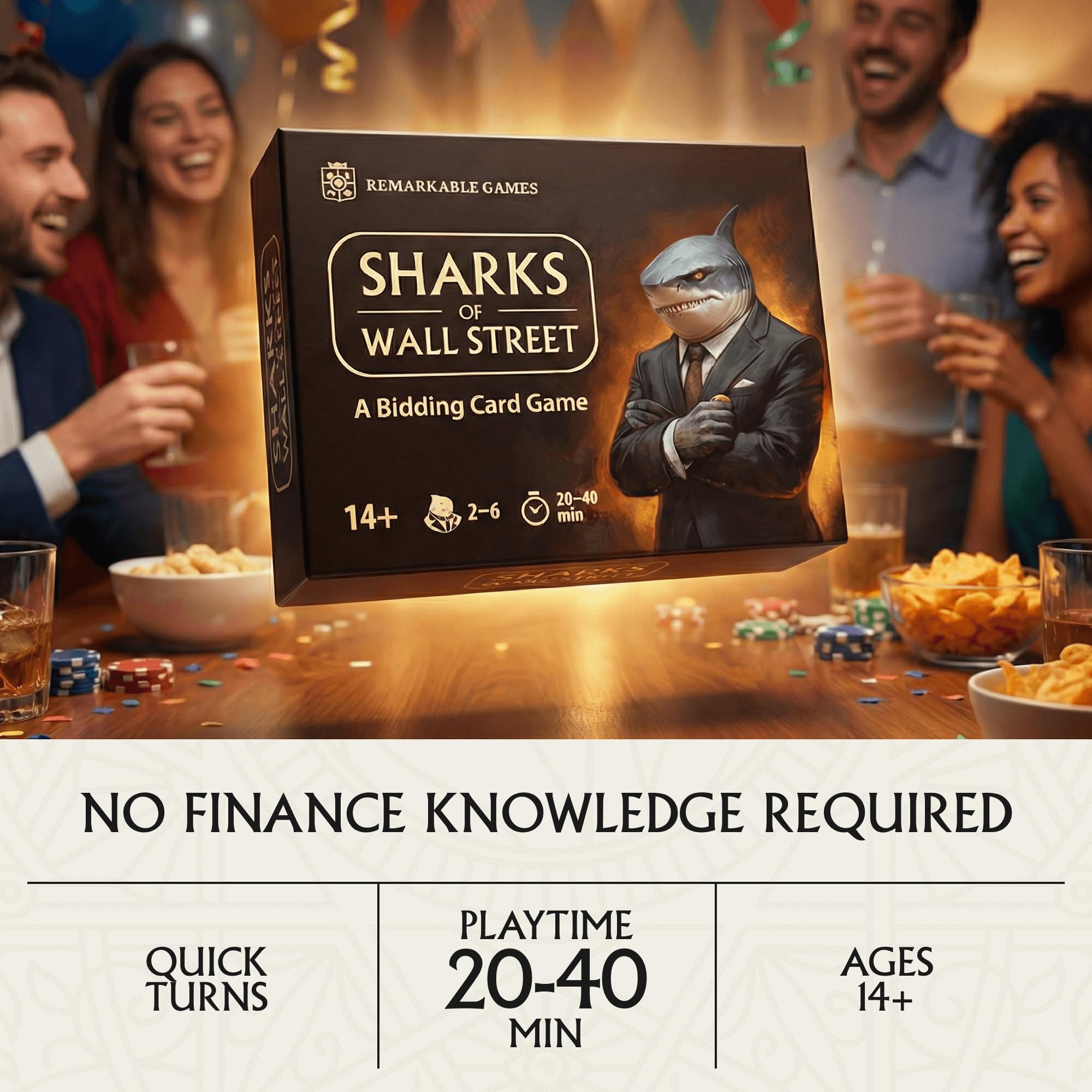 Sharks of Wall Street - Auction Core Party Card Game | 20 Min | 2-6 Players