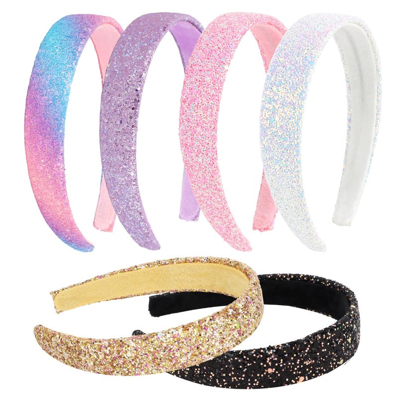 Uintoon Girls Headbands, 6PCS Headbands for Girls Women Glitter Gold Purple Pink Rainbow White Black Headband Sparkly Sequin Headband Hair Accessories